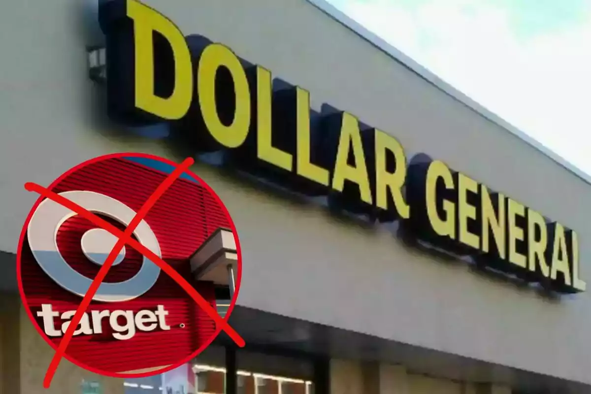 Façana de Dollar General amb un logotip de Target ratllat en vermell al davant