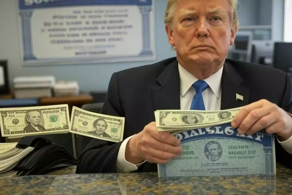 A man in a suit holds counterfeit bills in an office. A man in a suit holds counterfeit bills in an office.