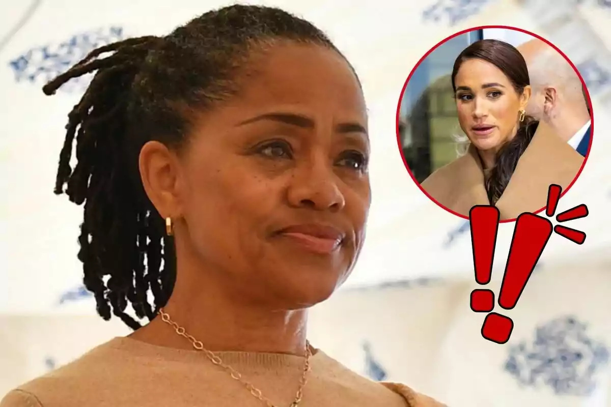 Doria Ragland amb expressió seriosa i un requadre amb Meghan Markle i signes d'exclamació.