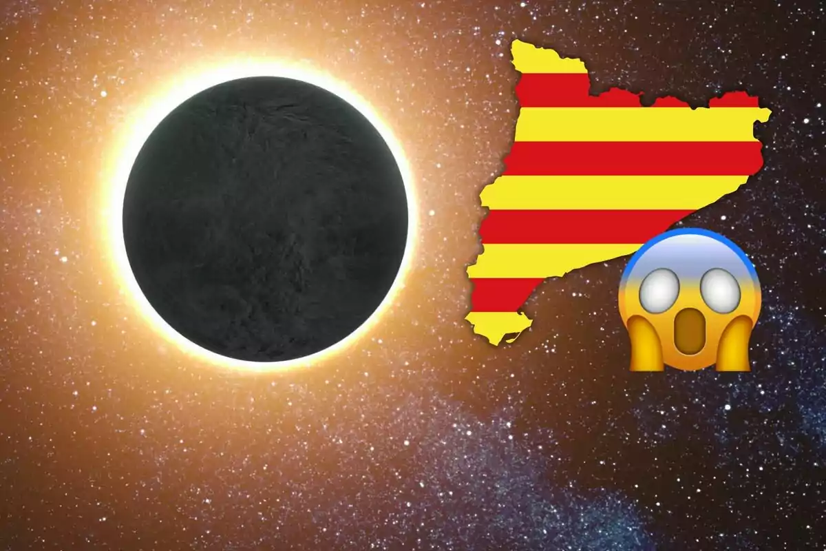 Eclipse solar con un mapa de Cataluña y un emoji sorprendido. Eclipse solar con un mapa de Cataluña y un emoji sorprendido.