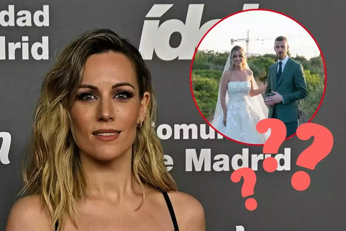 Edurne posa davant d'un fons amb text, mentre a la cantonada superior dreta hi ha una imatge circular i David de Gea vestida de Novios amb signes d'interrogació.