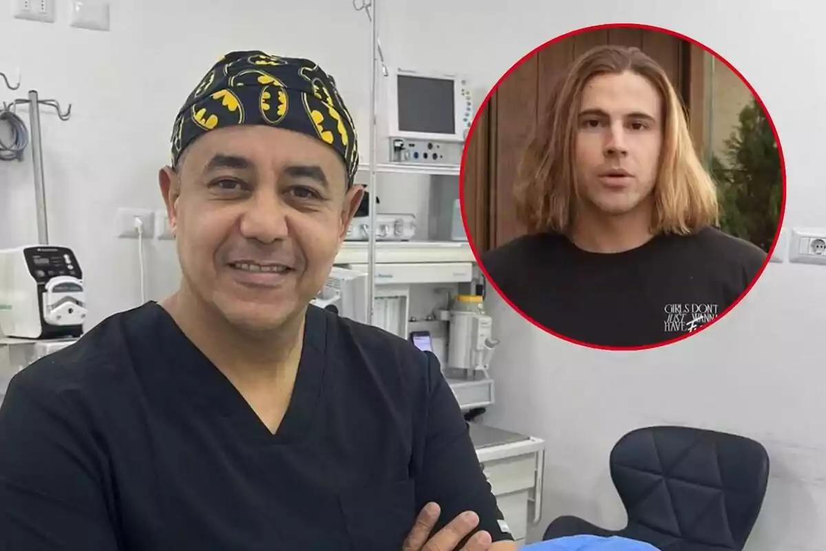 Edwin Arrieta amb uniforme mèdic i gorra quirúrgica amb disseny de Batman està en una sala d'hospital, mentre que en un cercle vermell al seu costat apareix la imatge de Daniel Sancho amb cabell llarg i ros.