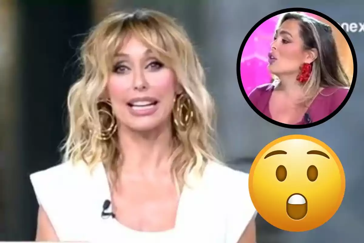 Muntatge amb Emma García, amb cabell ros i arrissat; Amor Romeira, parlant dins d'un cercle negre, i un emoji de sorpresa.