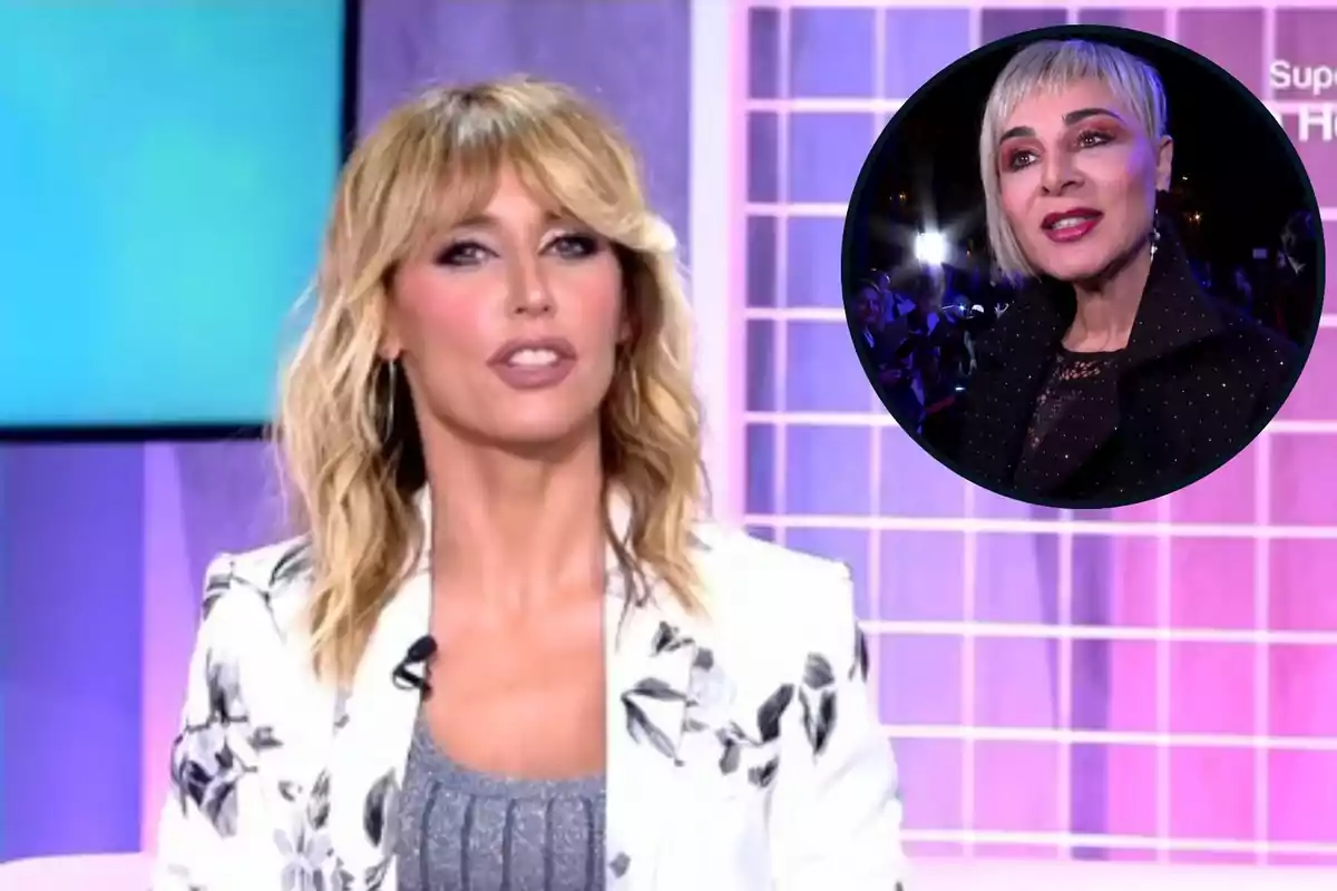 Muntatge amb Emma García, amb cabell ros i jaqueta blanca estampada està a 'Fiesta', i Ana María Aldón, amb cabell curt i ros en un esdeveniment nocturn.