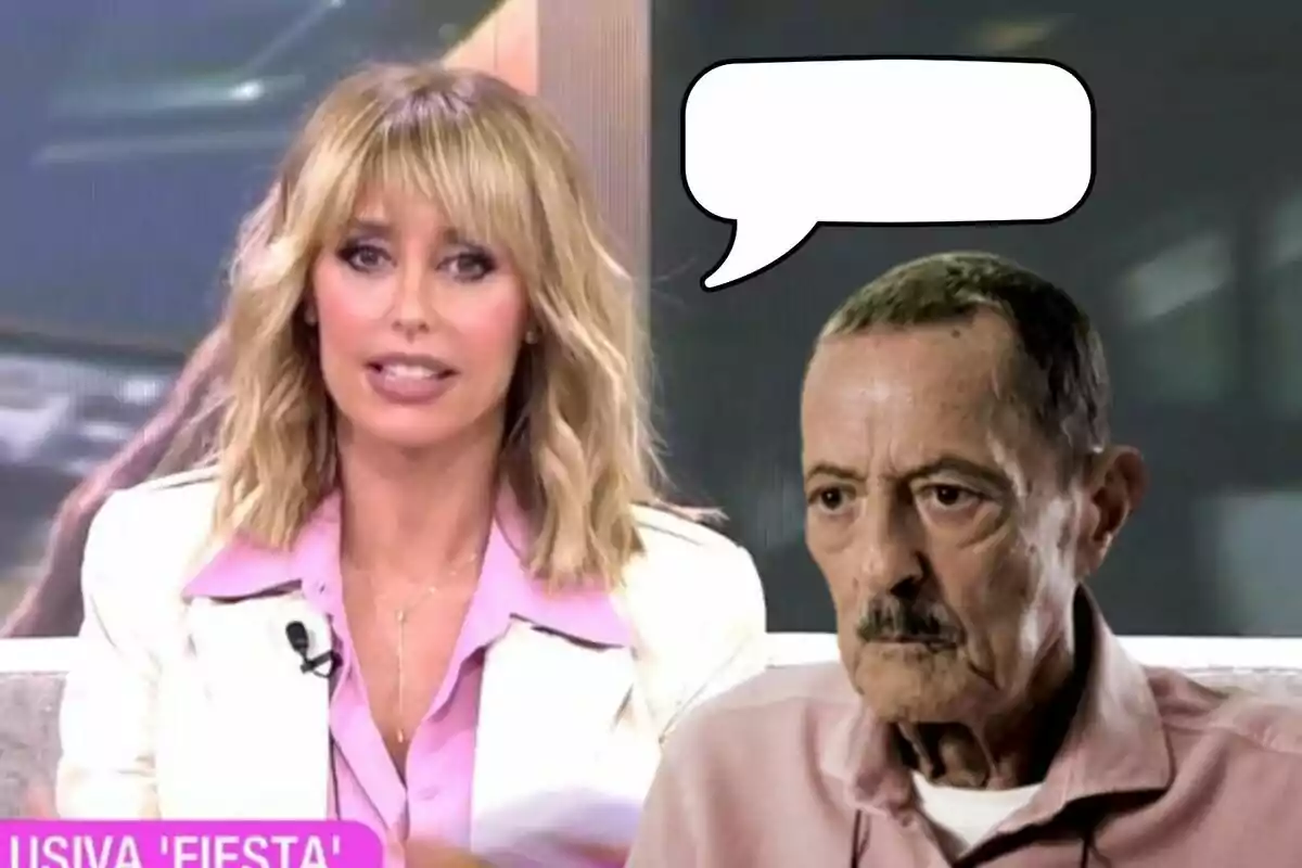 Emma García amb una brusa rosa i jaqueta blanca parla en un programa de televisió, mentre Julián Muñoz amb bigoti i camisa rosa apareix al costat amb un globus de diàleg buit.