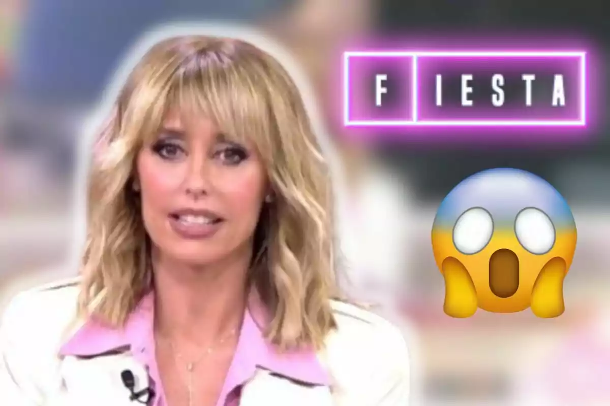 Emma García amb cabell ros i expressió seriosa en un programa de televisió amb la paraula FESTA en lletres brillants i un emoji sorprès.