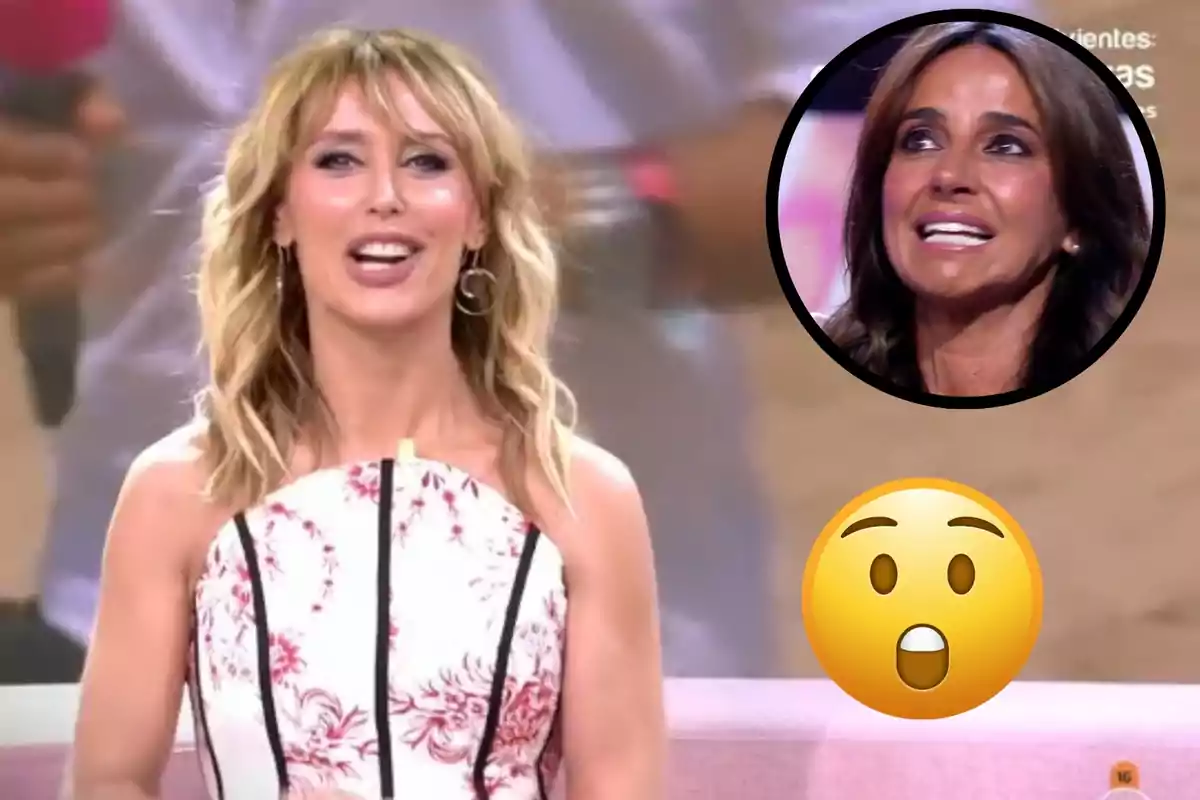 Muntatge amb Emma García, somrient al plató de 'Fiesta'; Carmen Alcayde, dins d’un cercle negre visiblement emocionada, i un emoticona de sorpresa