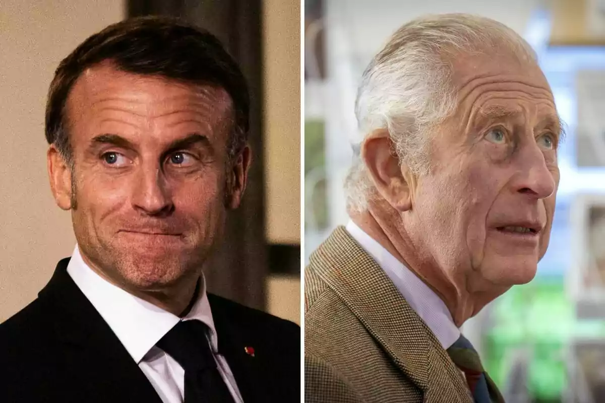 Emmanuel Macron and Charles III in a split image, one in a dark suit with a pensive expression, the other in a checkered jacket looking upwards. Emmanuel Macron and Charles III in a split image, one in a dark suit with a pensive expression, the other in a checkered jacket looking upwards.
