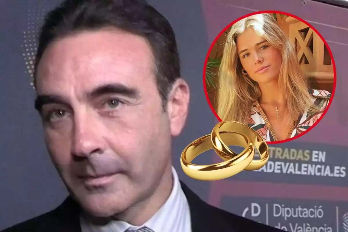 Muntatge d'Enrique Ponce seriós, Ana Soria somrient amb una camisa de colors i uns anells de casament