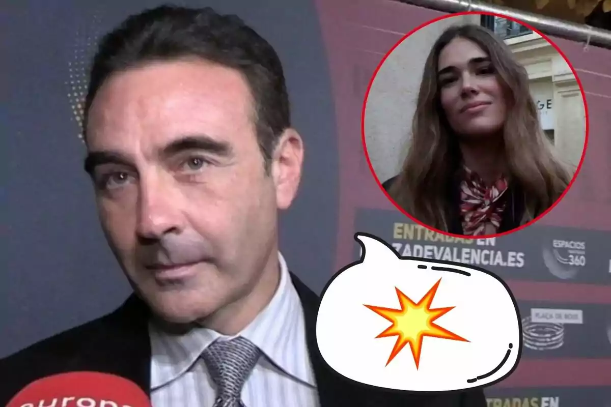 Enrique Ponce amb vestit i corbata és entrevistat per un micròfon vermell, mentre que a la cantonada superior dreta hi ha un cercle vermell amb la imatge d'Ana Soria de cabell llarg i solt, i un globus de diàleg amb un símbol d'explosió.