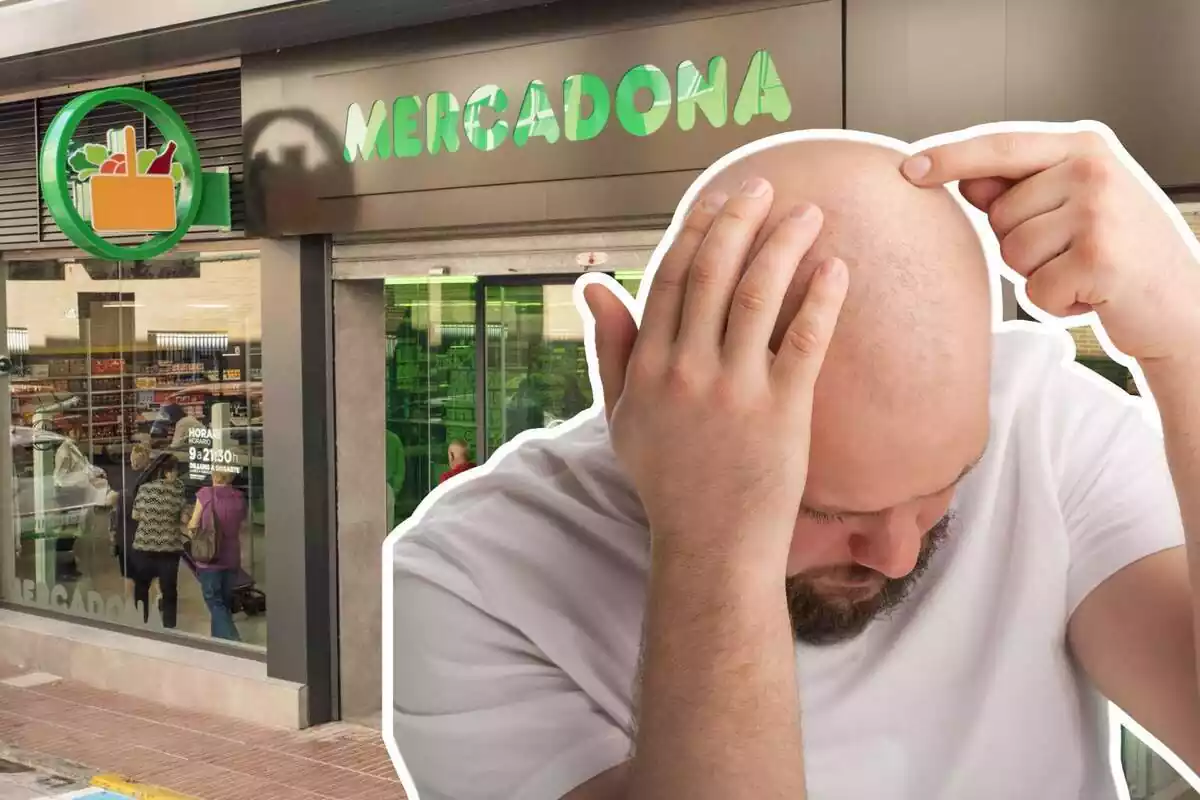 Entrada del supermercat Mercadona a l'exterior ia la dreta la imatge d'un home calb indicant la manca de pèl