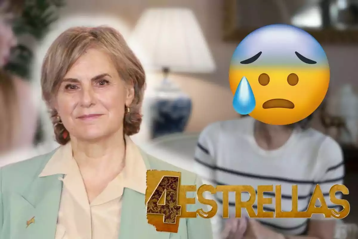 Ana Gracia amb cabell canós i expressió seriosa, juntament amb un emoji trist i el text "4 Estrellas".