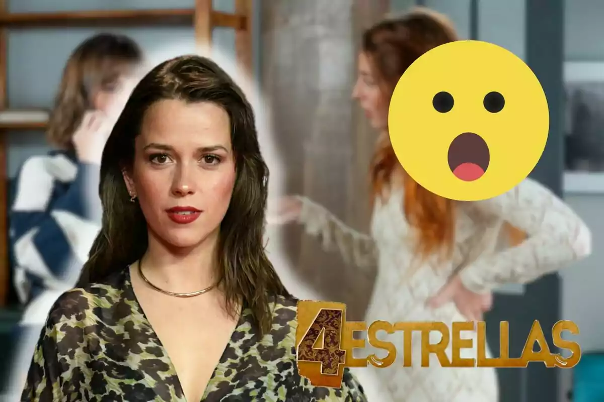 Muntatge d'una escena de '4 estrelles', Ana Jara somrient amb una brusa lleopard verd, un emoji de sorpresa i el logo de la sèrie