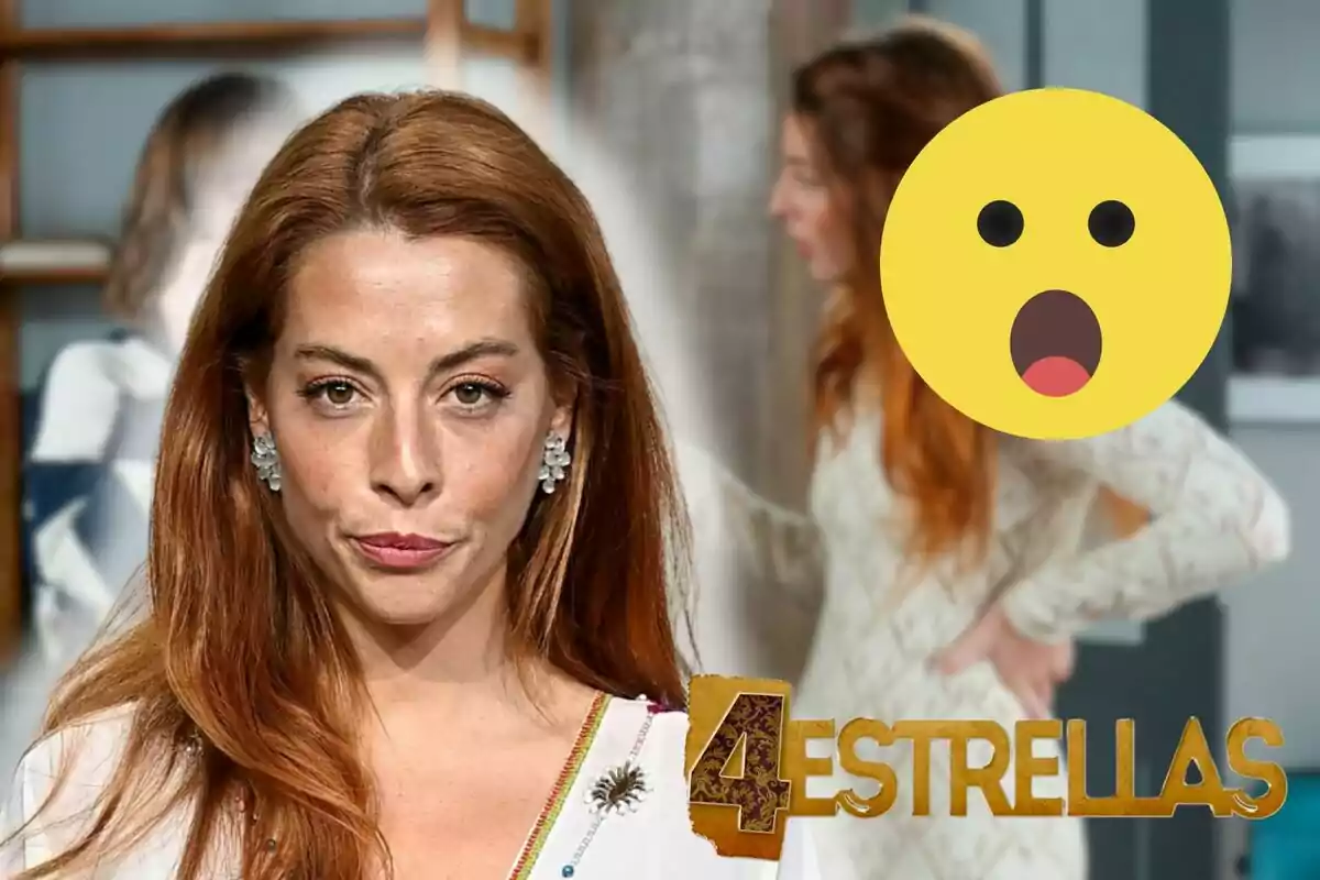 Betlem Écija amb cabell llarg i pèl-roig, usant aretes platejades i una brusa blanca, amb un emoji de cara sorpresa i el logo de "4 Estrelles" a la cantonada inferior dreta.