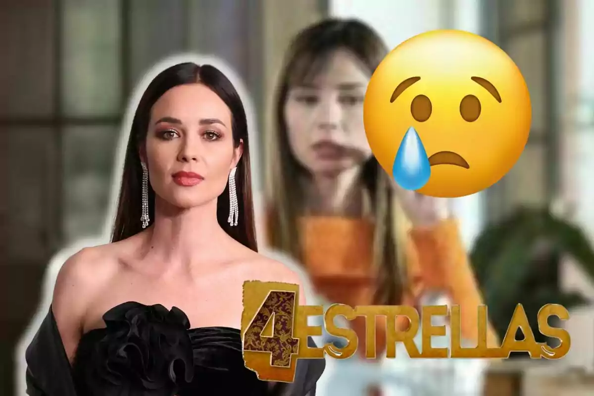 Muntatge d'una escena de '4 Estrellas', Dafne Fernández seria amb les espatlles descobertes, un emoji plorant i el logotip de la sèrie