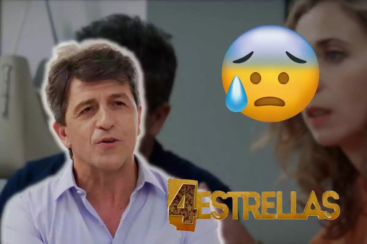 David Lorente de cabell canós amb expressió seriosa, acompanyat d'un emoji trist i el text "4 Estrellas" a la part inferior.