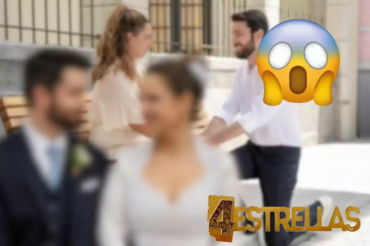 Muntatge d'una escena de '4 estrelles', Martínez i Menchu desenfocats, un emoji de sorpresa i el logotip de la sèrie