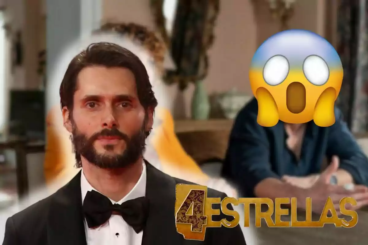 Sergio Mur amb esmòquing apareix en primer pla, mentre que al fons es veu una altra persona amb un emoji de sorpresa sobre el seu rostre i el logotip de "4 Estrelles".