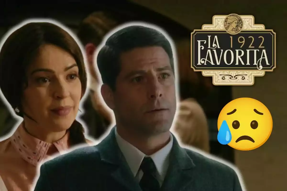 Elena i Julio mirant-se amb expressió seriosa, al costat del títol "La Favorita 1922" i un emoji trist.