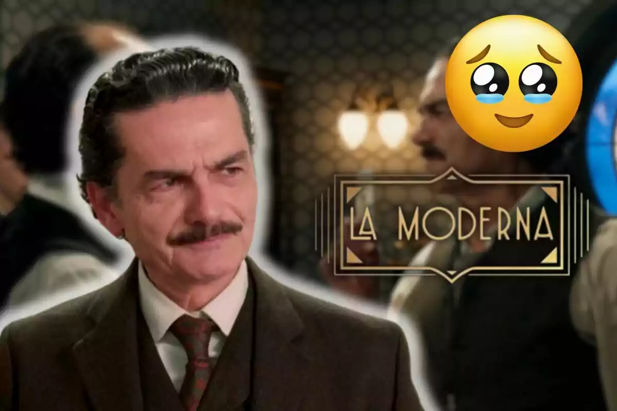 Carles Sanjaime amb bigoti i vestit fosc apareix en un entorn elegant amb el text "La Moderna" i un emoji de careta plorant de felicitat.