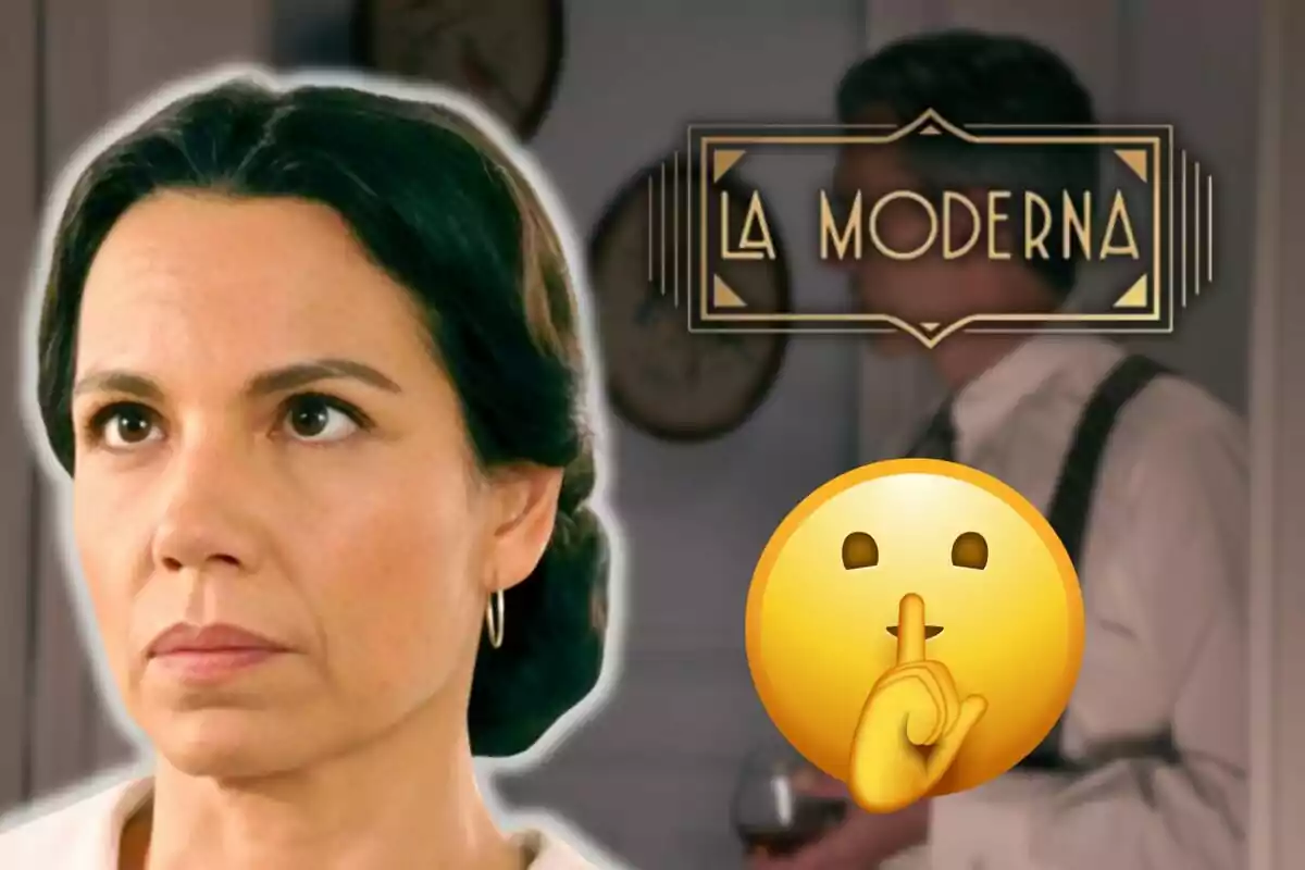 Diana Palazón amb expressió seriosa en primer pla i un home desenfocat al fons al costat del logotip de "La Moderna" i un emoji de silenci.