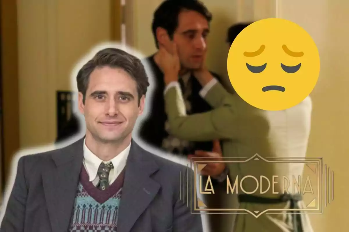 Miguel amb suèter i corbata somrient en primer pla, escena borrosa de fons amb emoji trist i text "La Moderna"