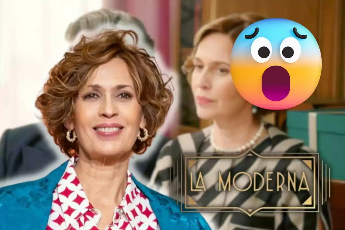 Imatge de Lola Marceli somrient en primer pla amb una altra dona desenfocada al fons, un emoji de sorpresa i el text "La Moderna".