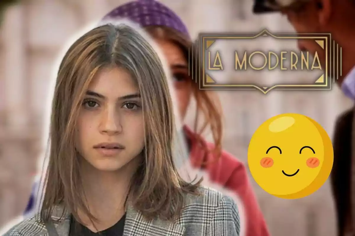 Lorea Carballo amb cabell castany clar i expressió seriosa apareix en primer pla, mentre que al fons s'observa un cartell que diu "La Moderna" i un emoji somrient.