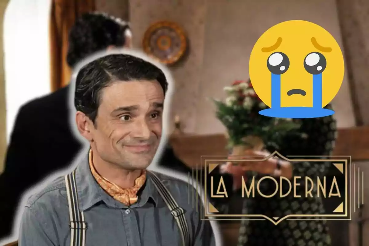 Pietro somrient amb una camisa blava i tirants, acompanyat d'un emoji plorant i el text "La Moderna" a la cantonada inferior dreta.