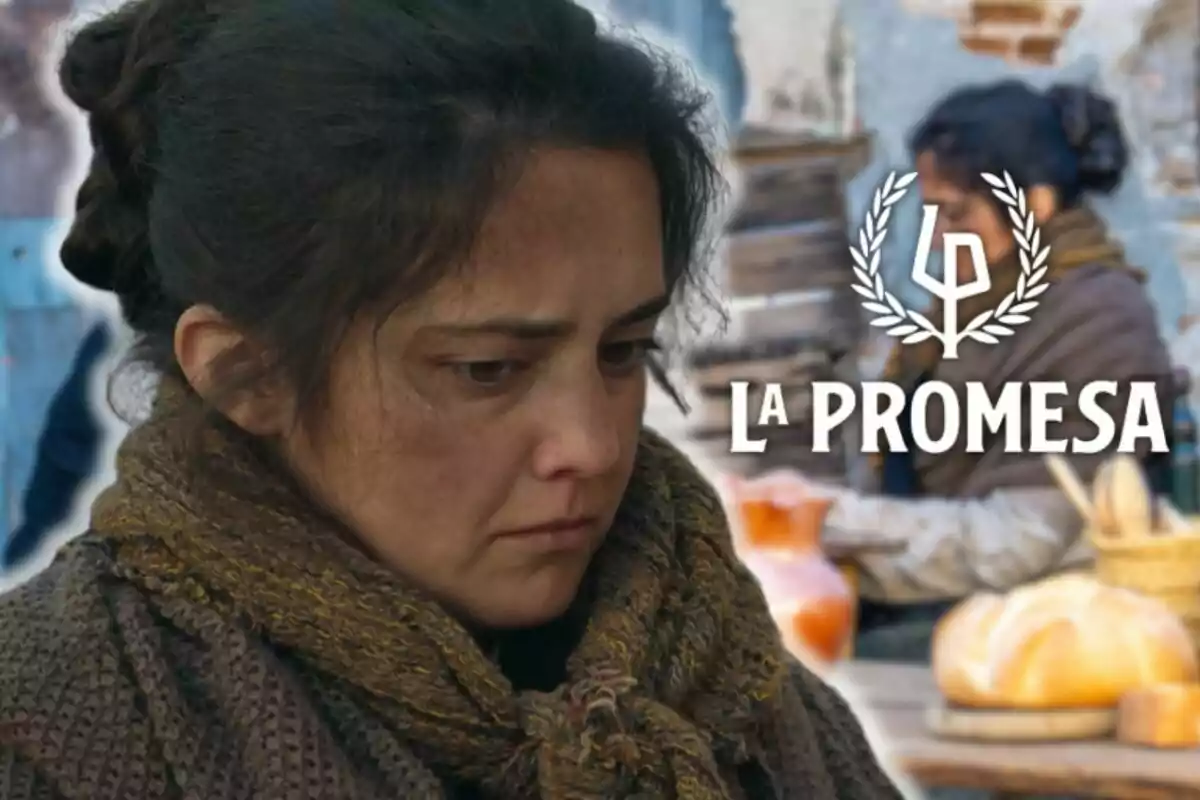 Alejandra Armero amb expressió seriosa i pensativa, vestida amb roba d'època, apareix en primer pla mentre que al fons s'observa una escena borrosa amb objectes de ceràmica i pa sobre una taula, al costat del text "La Promesa".