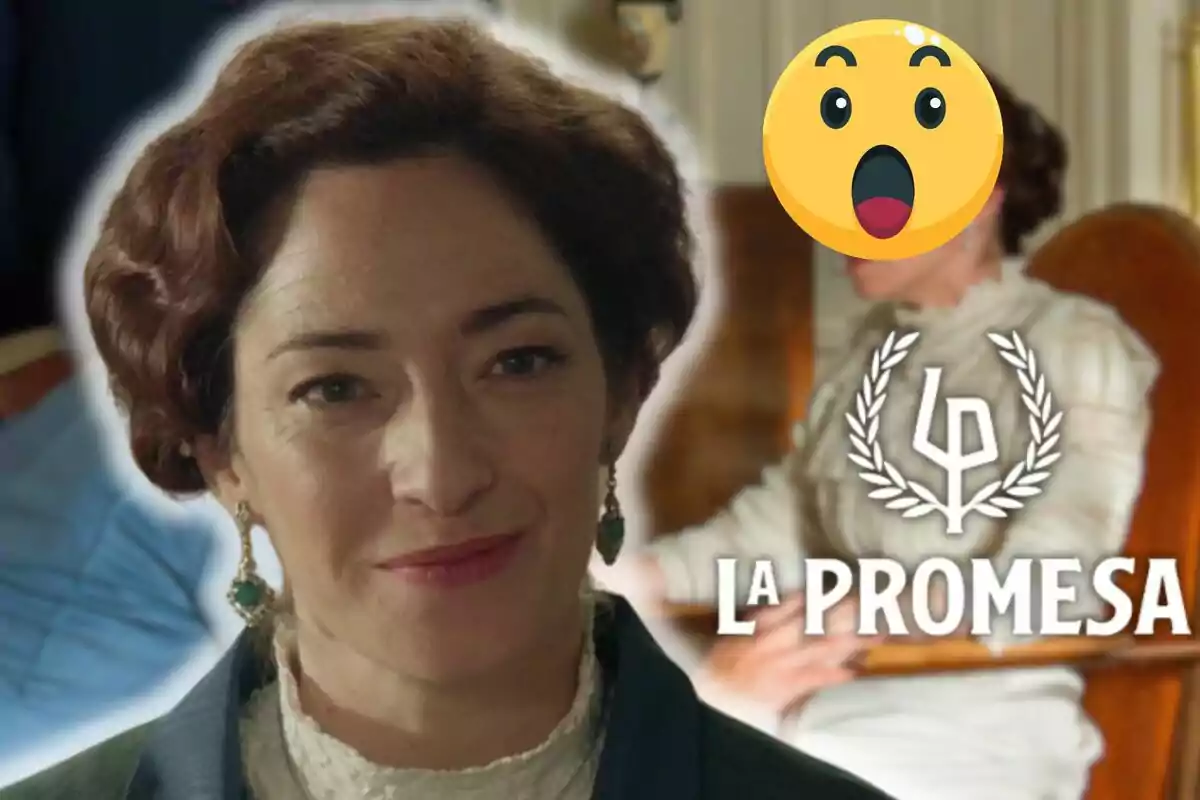 Alicia Moruno amb arracades verdes somriu davant de la càmera, mentre que al fons es veu una altra persona amb un emoji sobre el seu rostre i el text "La Promesa".