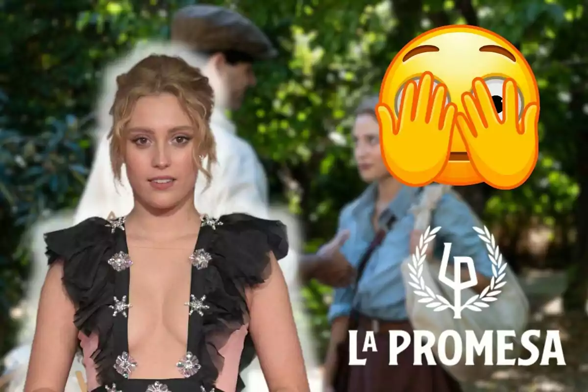 Muntatge d'una escena de 'La Promesa', Ana Garcés somrient amb un vestit amb volants negres, un emoji tapant-se els ulls i el logotip de la sèrie