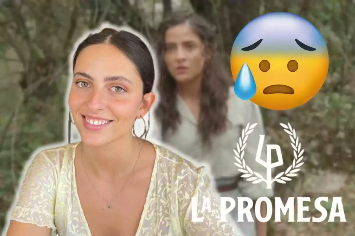 Angela Echaniz somrient en primer pla amb una dona desenfocada al fons, un emoji trist i el text "La Promesa".