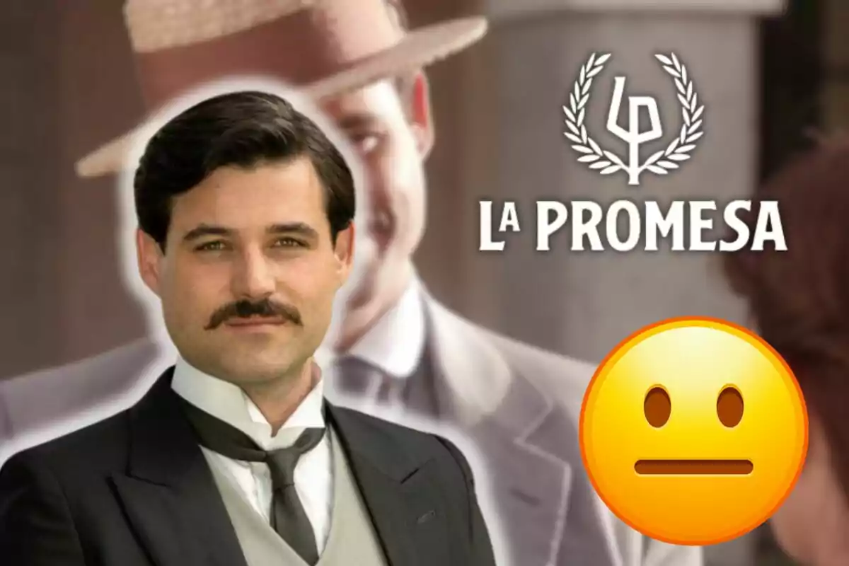 Arturo García Sancho amb bigoti i vestit apareix en primer pla, amb un fons desenfocat que mostra una altra persona i el text "La Promesa" al costat d'un emoji de cara neutral.