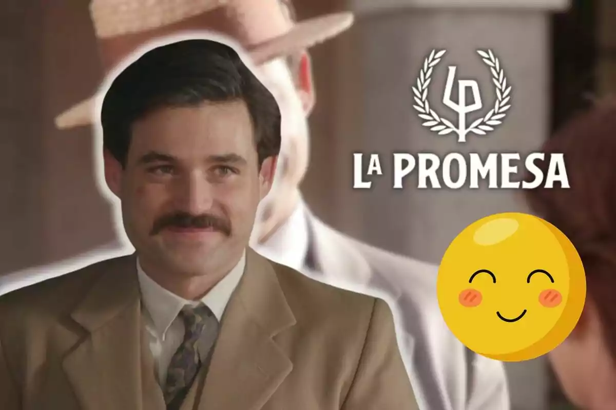 Arturo Sancho amb bigoti somriu, vestit amb vestit i corbata, al costat del text "La Promesa" i un emoji somrient.