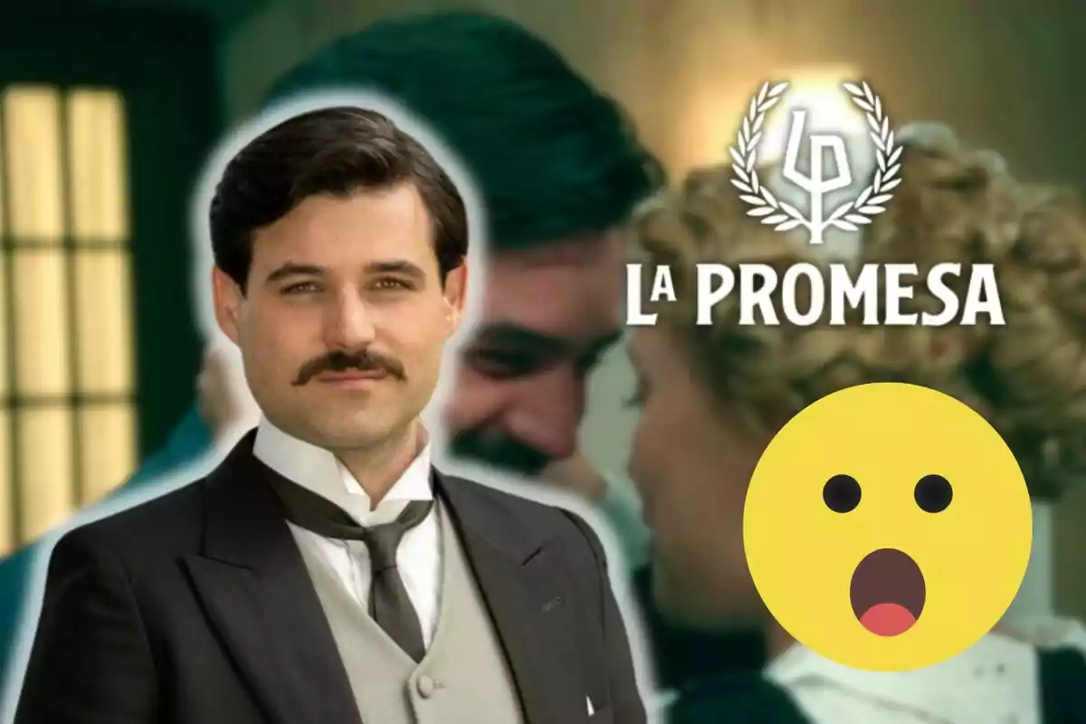 Arturo Sancho amb bigoti i vestit apareix en primer pla amb el títol "La Promesa" al fons i un emoji sorprès a la cantonada inferior dreta.