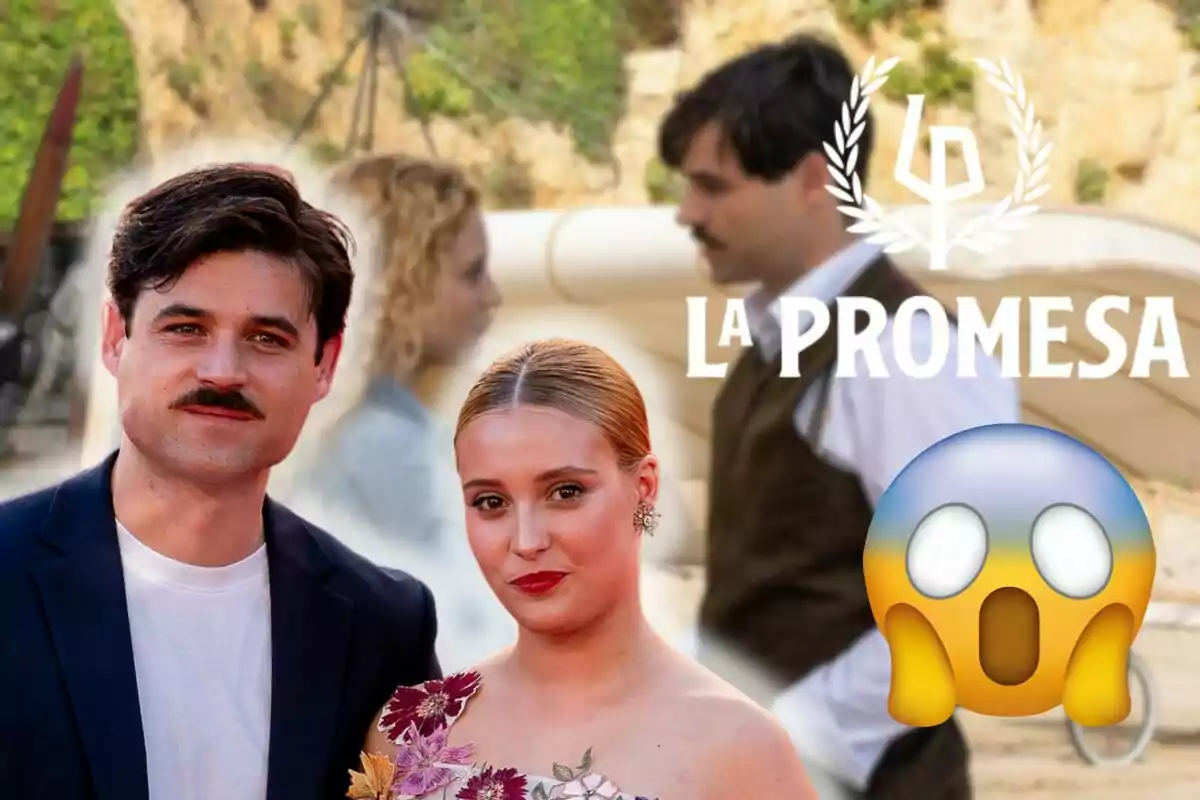 Arturo Sancho i Ana Garcés posant davant d'un fons que mostra una escena de la sèrie “La Promesa” amb un emoji de sorpresa.