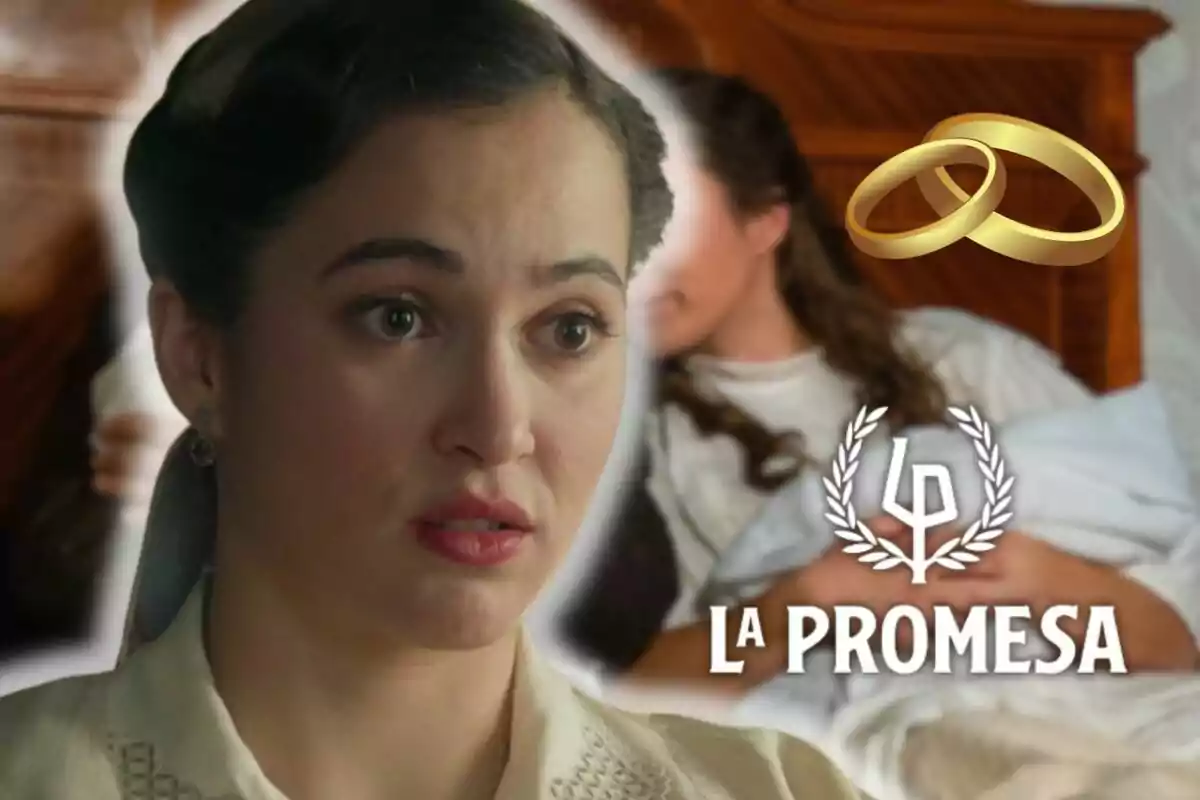 Carmen Asecas amb expressió seriosa en primer pla, darrere una altra dona sosté un nadó, hi ha dos anells daurats i el text "La Promesa".