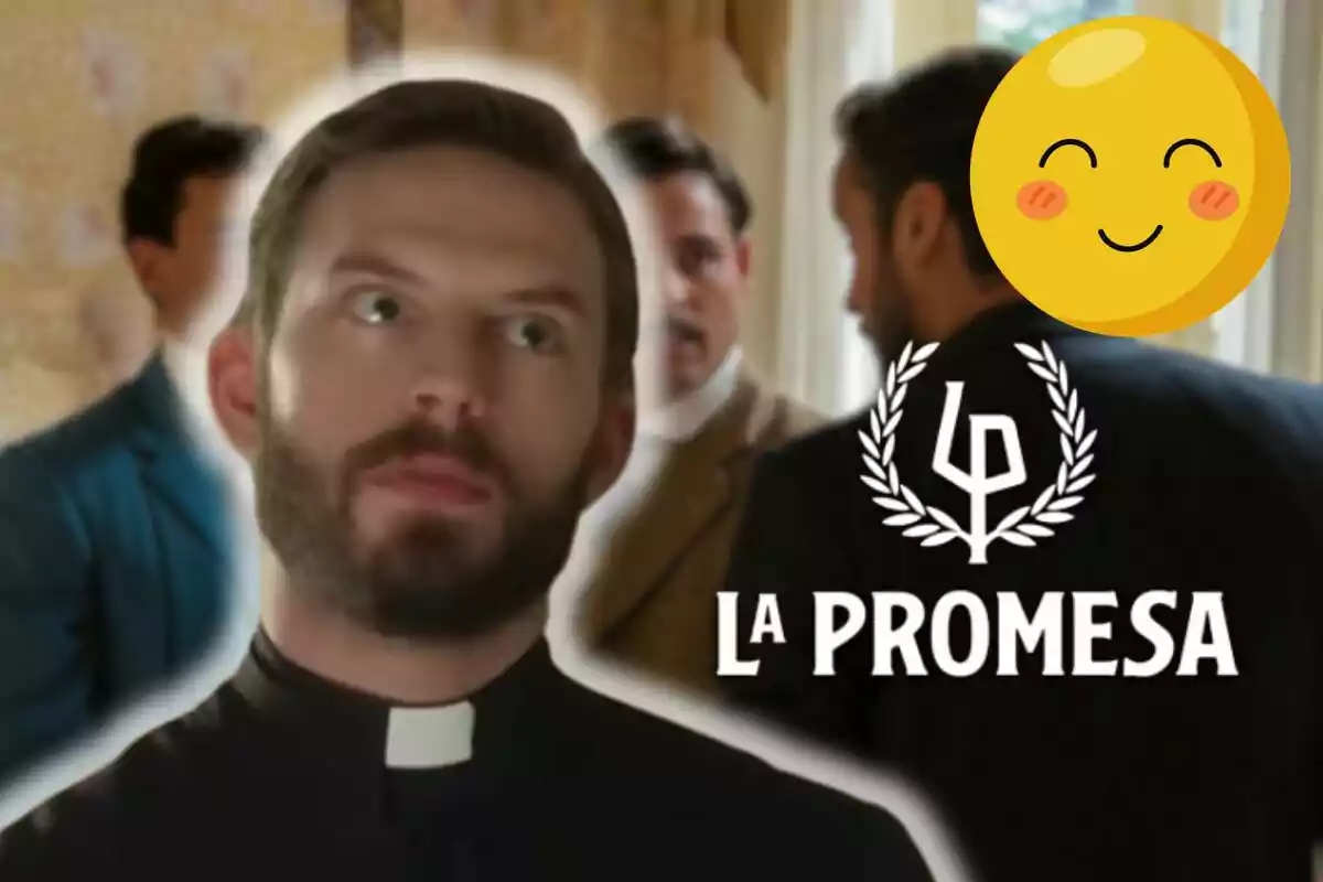 Daniel Schroeder amb sotana clerical apareix en primer pla, mentre que al fons es veuen altres persones desenfocades; el text "La Promesa" i un emoji somrient estan superposats.