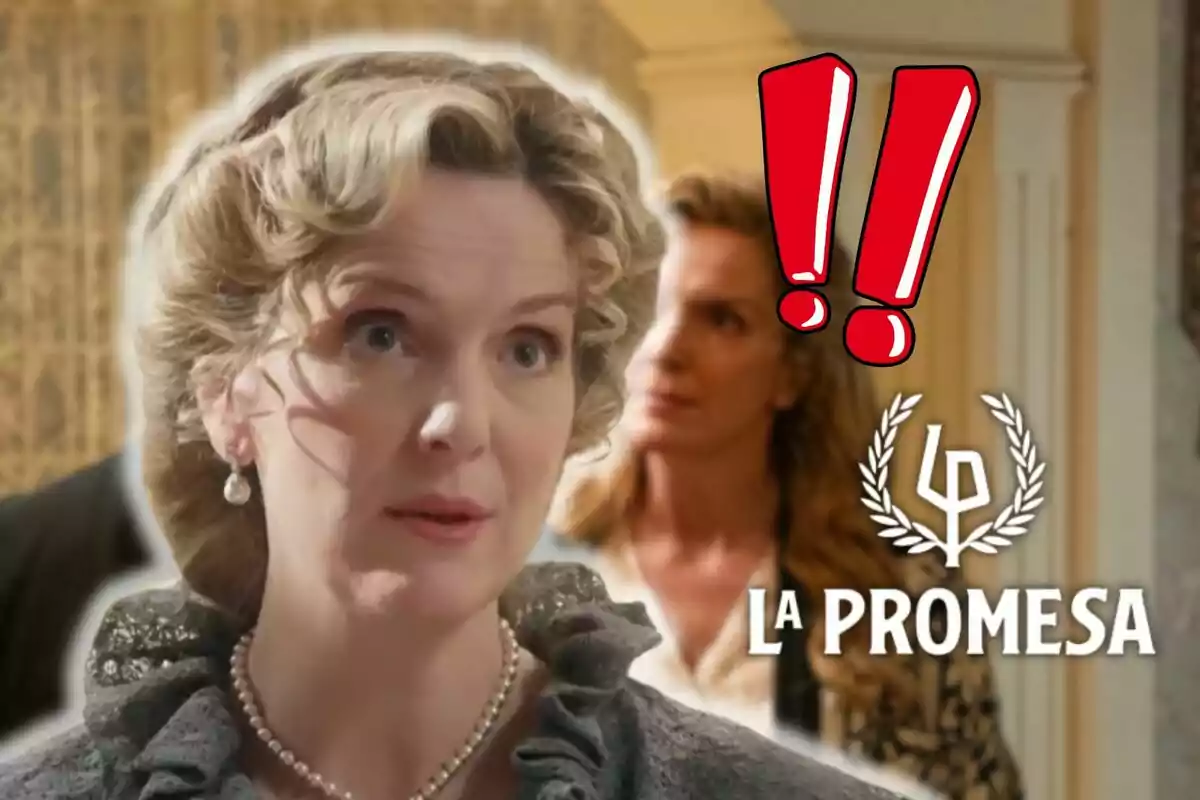 Eva Martín en una escena de la sèrie "La Promesa" amb signes d'exclamació vermells i el logotip de la sèrie.