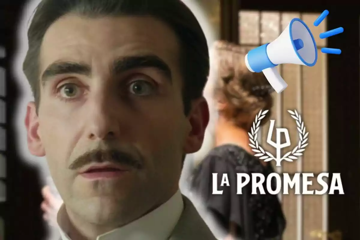 Primer pla de Guillermo Serrano amb bigoti i expressió seriosa, al fons una dona d’esquena, un megàfon blau i blanc i el text La Promesa amb un logotip.