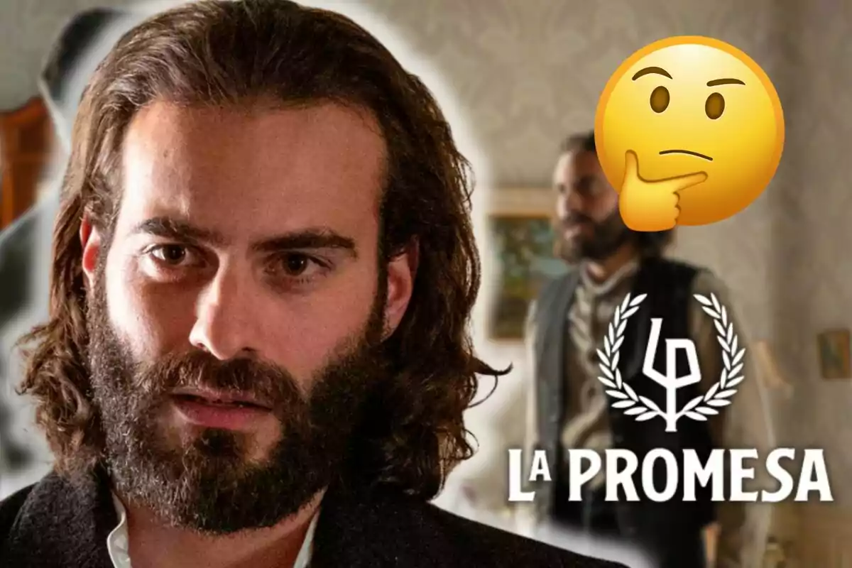 Ibrahim Al Shami amb barba i cabell llarg en primer pla, emoji pensatiu i text "La Promesa" amb un logotip.