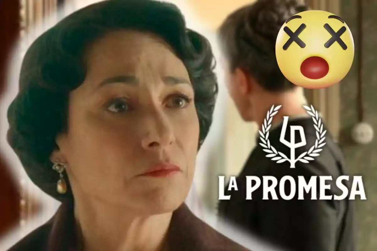 Isabel Serrano amb expressió seriosa i un emoji sorprès a la cantonada superior dreta al costat del text "La Promesa".