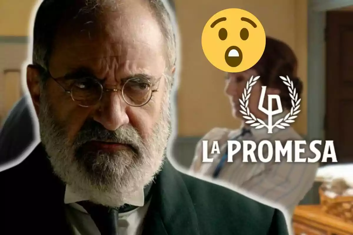 Joaquín Climent d’aspecte seriós en primer pla, al fons una dona desenfocada, un emoji de sorpresa i el text La Promesa