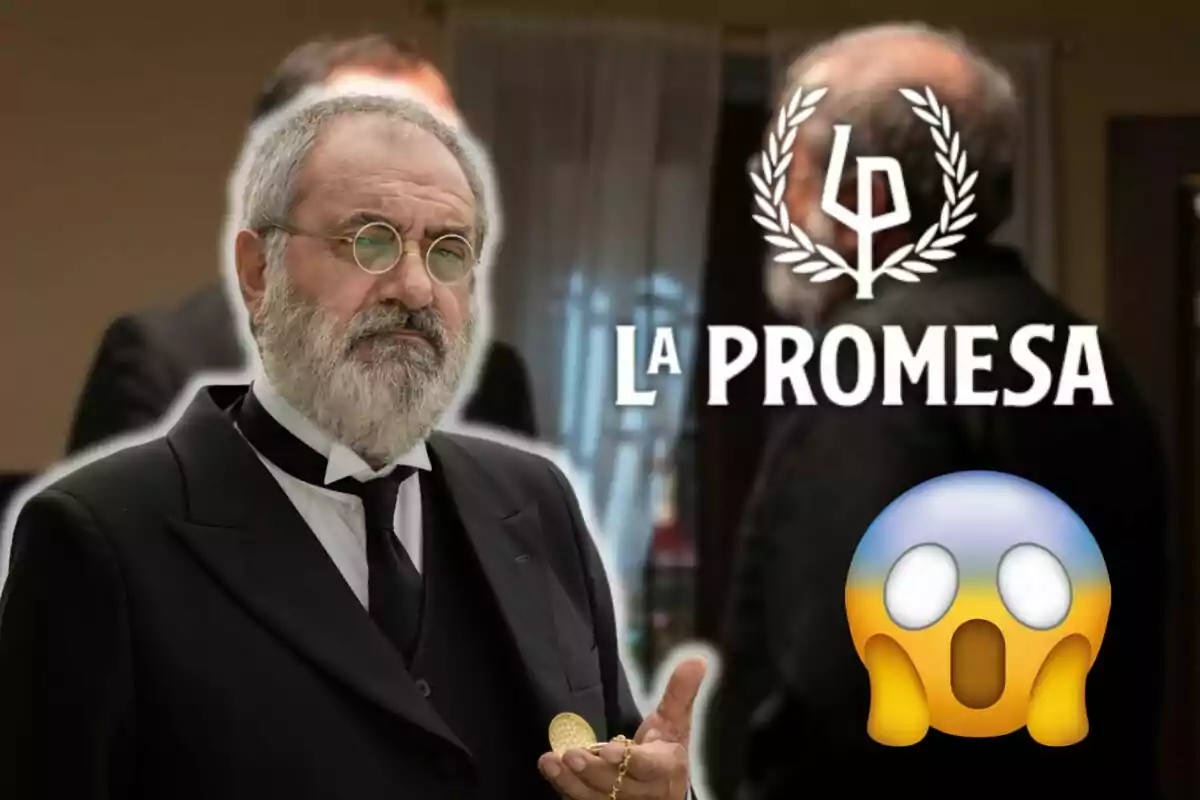 Joaquín Climent amb barba i ulleres rodones vestit de vestit negre sostenint un rellotge de butxaca amb el text "La Promesa" i un emoji sorprès.