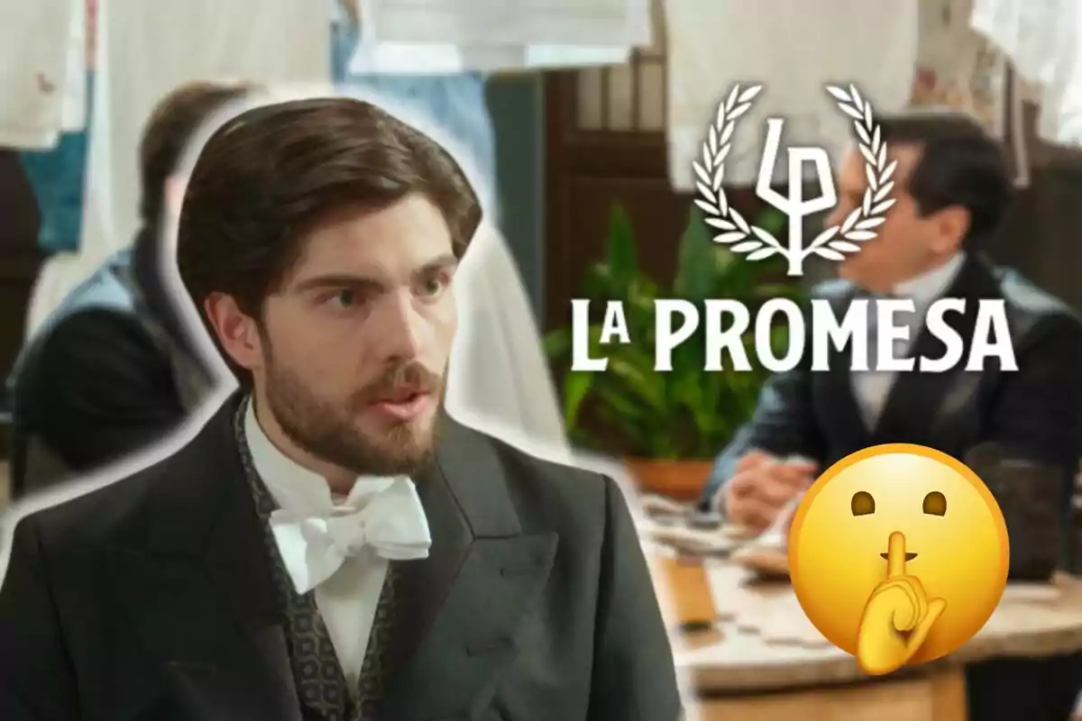 Jorge Casat amb barba i vestit elegant apareix en una escena d'època amb el text “La Promesa” i un emoji de silenci.