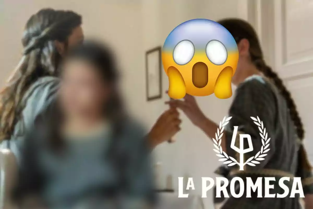 Persones desenfocades al fons amb un emoji de sorpresa al centre i el text "La Promesa" a la part inferior.