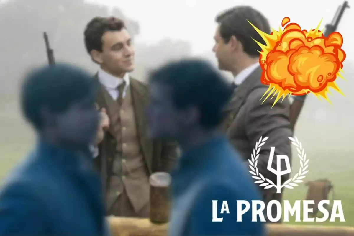Manuel i Curro vestits d'època conversen mentre sostenen rifles, amb un logotip de "La Promesa" i una explosió animada a la cantonada superior dreta.