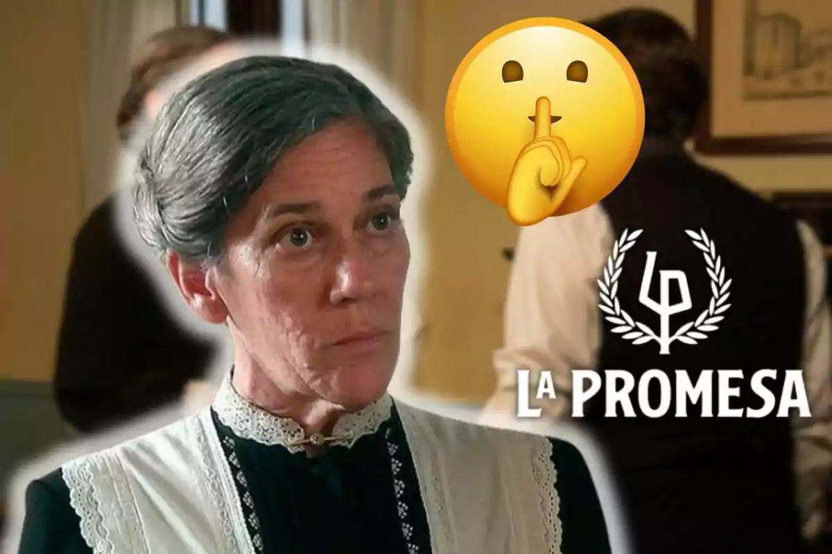 Marga Martínez amb expressió seriosa i un emoji de silenci al costat, juntament amb el text "La Promesa".