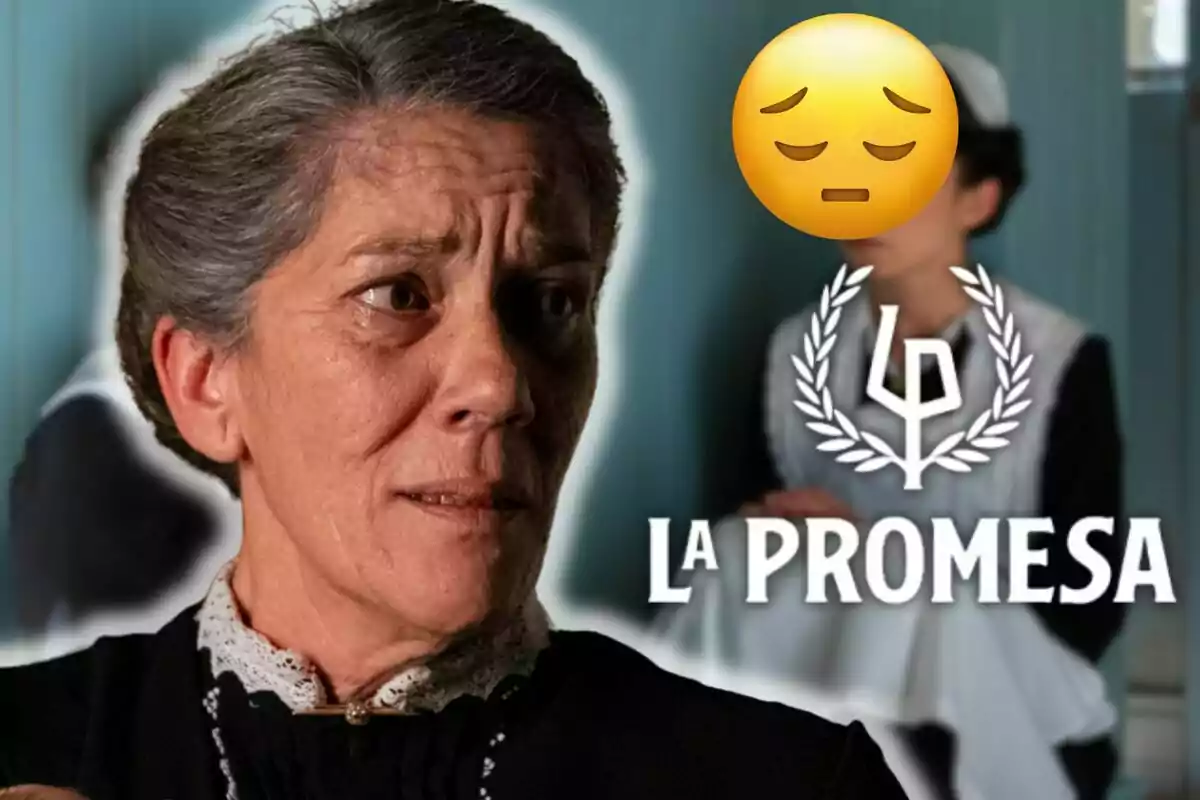 Marga Martínez amb expressió preocupada en primer pla al costat del logotip de La Promesa i un emoji de tristesa sobre la cara d’una persona al fons